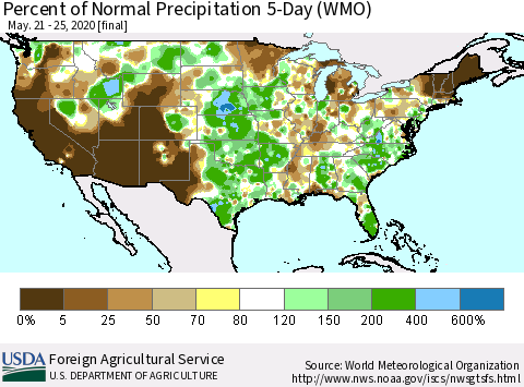 United States Percent of Normal Precipitation 5-Day (WMO) Thematic Map For 5/21/2020 - 5/25/2020