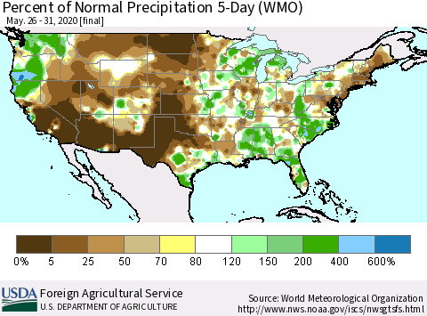 United States Percent of Normal Precipitation 5-Day (WMO) Thematic Map For 5/26/2020 - 5/31/2020