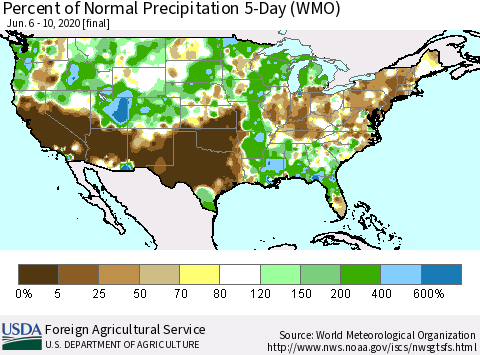 United States Percent of Normal Precipitation 5-Day (WMO) Thematic Map For 6/6/2020 - 6/10/2020