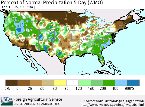 United States Percent of Normal Precipitation 5-Day (WMO) Thematic Map For 2/11/2021 - 2/15/2021