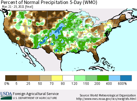 United States Percent of Normal Precipitation 5-Day (WMO) Thematic Map For 3/21/2021 - 3/25/2021