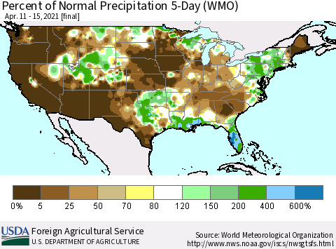 United States Percent of Normal Precipitation 5-Day (WMO) Thematic Map For 4/11/2021 - 4/15/2021