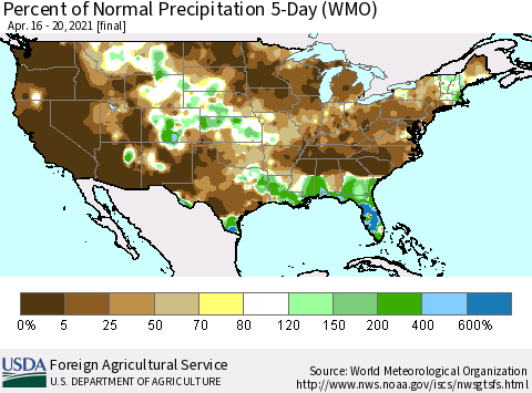 United States Percent of Normal Precipitation 5-Day (WMO) Thematic Map For 4/16/2021 - 4/20/2021