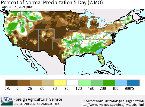 United States Percent of Normal Precipitation 5-Day (WMO) Thematic Map For 4/21/2021 - 4/25/2021