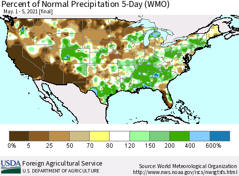 United States Percent of Normal Precipitation 5-Day (WMO) Thematic Map For 5/1/2021 - 5/5/2021