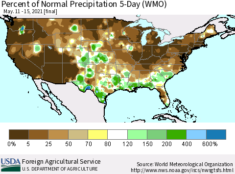 United States Percent of Normal Precipitation 5-Day (WMO) Thematic Map For 5/11/2021 - 5/15/2021