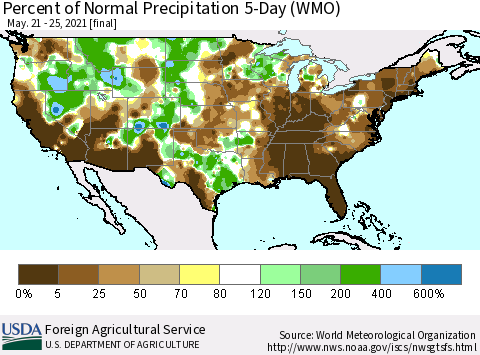 United States Percent of Normal Precipitation 5-Day (WMO) Thematic Map For 5/21/2021 - 5/25/2021