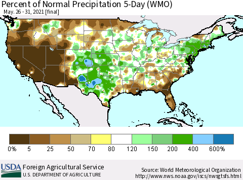 United States Percent of Normal Precipitation 5-Day (WMO) Thematic Map For 5/26/2021 - 5/31/2021