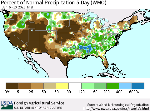 United States Percent of Normal Precipitation 5-Day (WMO) Thematic Map For 6/6/2021 - 6/10/2021