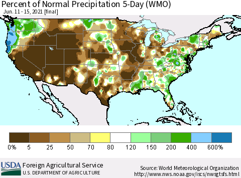 United States Percent of Normal Precipitation 5-Day (WMO) Thematic Map For 6/11/2021 - 6/15/2021