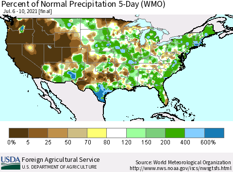 United States Percent of Normal Precipitation 5-Day (WMO) Thematic Map For 7/6/2021 - 7/10/2021