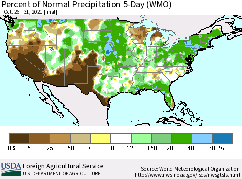 United States Percent of Normal Precipitation 5-Day (WMO) Thematic Map For 10/26/2021 - 10/31/2021