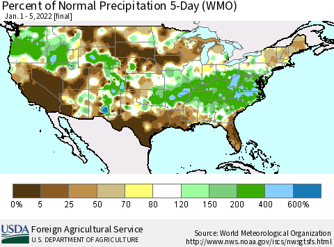 United States Percent of Normal Precipitation 5-Day (WMO) Thematic Map For 1/1/2022 - 1/5/2022