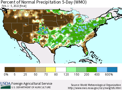 United States Percent of Normal Precipitation 5-Day (WMO) Thematic Map For 2/1/2022 - 2/5/2022