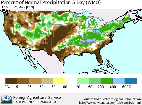 United States Percent of Normal Precipitation 5-Day (WMO) Thematic Map For 2/21/2022 - 2/25/2022