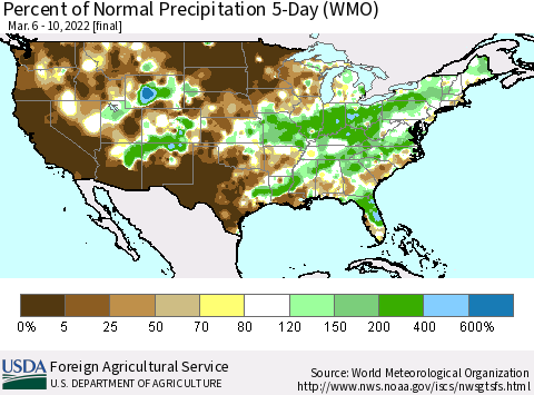 United States Percent of Normal Precipitation 5-Day (WMO) Thematic Map For 3/6/2022 - 3/10/2022