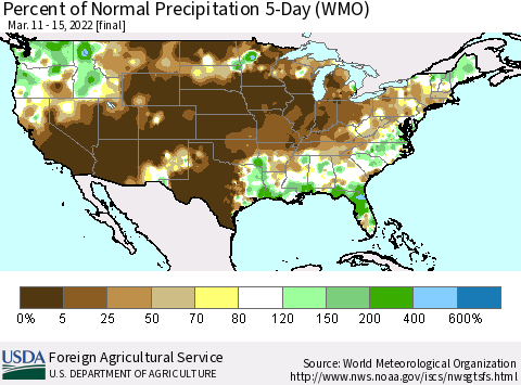 United States Percent of Normal Precipitation 5-Day (WMO) Thematic Map For 3/11/2022 - 3/15/2022