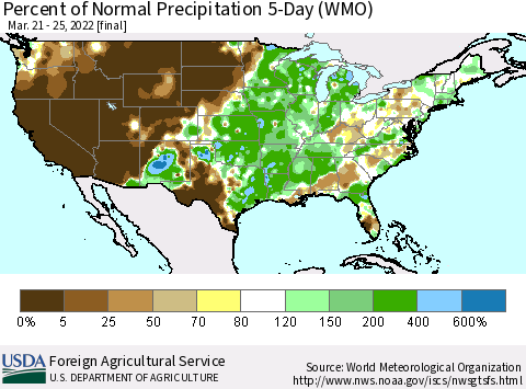 United States Percent of Normal Precipitation 5-Day (WMO) Thematic Map For 3/21/2022 - 3/25/2022