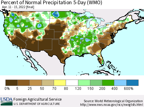 United States Percent of Normal Precipitation 5-Day (WMO) Thematic Map For 4/11/2022 - 4/15/2022