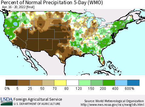 United States Percent of Normal Precipitation 5-Day (WMO) Thematic Map For 4/16/2022 - 4/20/2022
