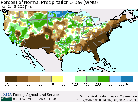 United States Percent of Normal Precipitation 5-Day (WMO) Thematic Map For 4/21/2022 - 4/25/2022