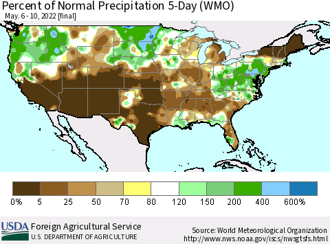 United States Percent of Normal Precipitation 5-Day (WMO) Thematic Map For 5/6/2022 - 5/10/2022