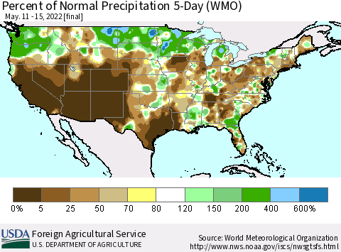 United States Percent of Normal Precipitation 5-Day (WMO) Thematic Map For 5/11/2022 - 5/15/2022