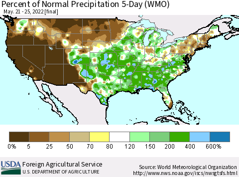 United States Percent of Normal Precipitation 5-Day (WMO) Thematic Map For 5/21/2022 - 5/25/2022