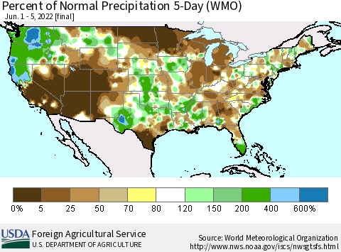 United States Percent of Normal Precipitation 5-Day (WMO) Thematic Map For 6/1/2022 - 6/5/2022