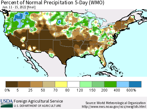 United States Percent of Normal Precipitation 5-Day (WMO) Thematic Map For 6/11/2022 - 6/15/2022
