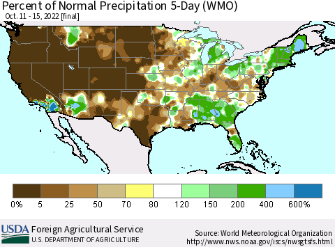 United States Percent of Normal Precipitation 5-Day (WMO) Thematic Map For 10/11/2022 - 10/15/2022