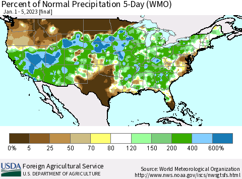 United States Percent of Normal Precipitation 5-Day (WMO) Thematic Map For 1/1/2023 - 1/5/2023