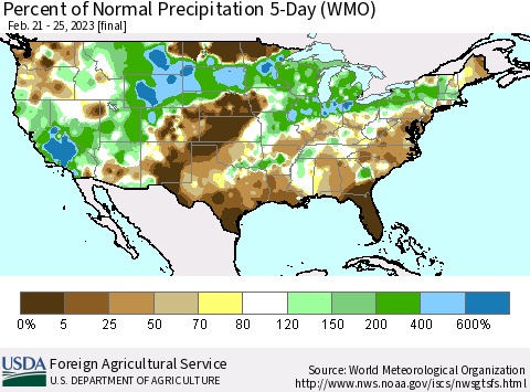 United States Percent of Normal Precipitation 5-Day (WMO) Thematic Map For 2/21/2023 - 2/25/2023