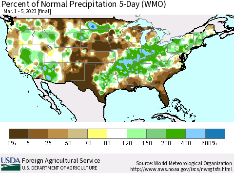 United States Percent of Normal Precipitation 5-Day (WMO) Thematic Map For 3/1/2023 - 3/5/2023