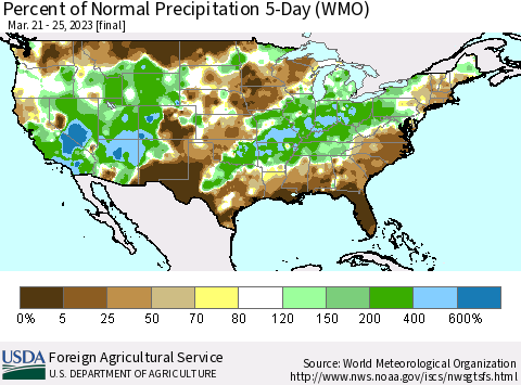 United States Percent of Normal Precipitation 5-Day (WMO) Thematic Map For 3/21/2023 - 3/25/2023