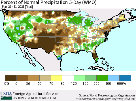 United States Percent of Normal Precipitation 5-Day (WMO) Thematic Map For 3/26/2023 - 3/31/2023