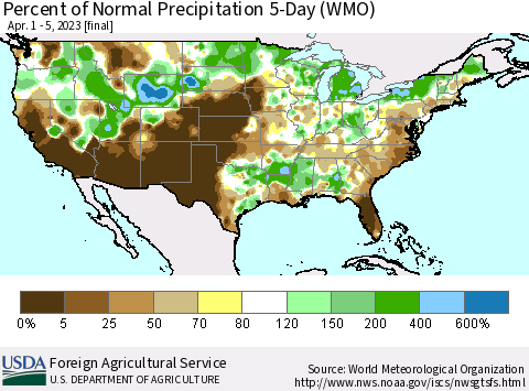 United States Percent of Normal Precipitation 5-Day (WMO) Thematic Map For 4/1/2023 - 4/5/2023