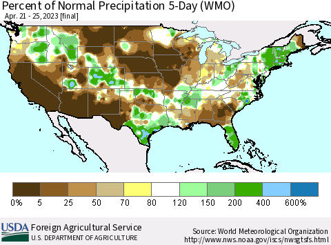 United States Percent of Normal Precipitation 5-Day (WMO) Thematic Map For 4/21/2023 - 4/25/2023