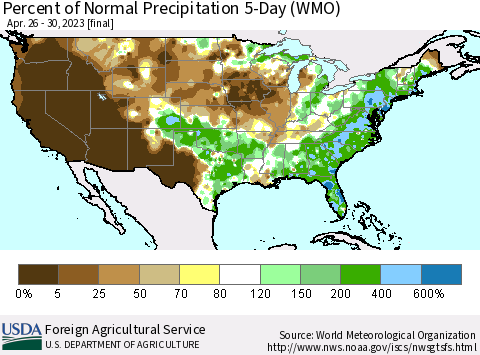 United States Percent of Normal Precipitation 5-Day (WMO) Thematic Map For 4/26/2023 - 4/30/2023