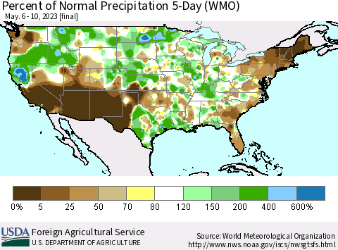 United States Percent of Normal Precipitation 5-Day (WMO) Thematic Map For 5/6/2023 - 5/10/2023