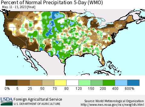 United States Percent of Normal Precipitation 5-Day (WMO) Thematic Map For 5/11/2023 - 5/15/2023