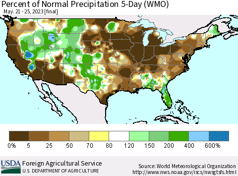 United States Percent of Normal Precipitation 5-Day (WMO) Thematic Map For 5/21/2023 - 5/25/2023