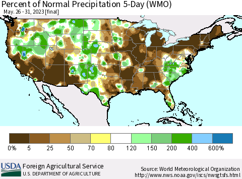 United States Percent of Normal Precipitation 5-Day (WMO) Thematic Map For 5/26/2023 - 5/31/2023