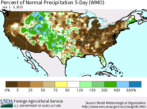 United States Percent of Normal Precipitation 5-Day (WMO) Thematic Map For 6/1/2023 - 6/5/2023