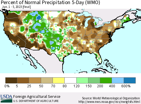 United States Percent of Normal Precipitation 5-Day (WMO) Thematic Map For 6/1/2023 - 6/5/2023