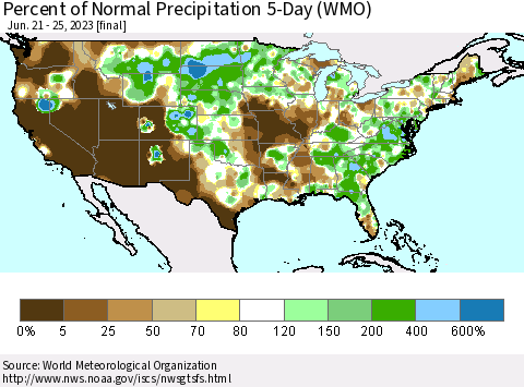United States Percent of Normal Precipitation 5-Day (WMO) Thematic Map For 6/21/2023 - 6/25/2023