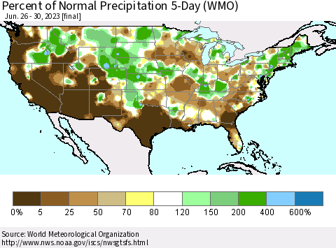 United States Percent of Normal Precipitation 5-Day (WMO) Thematic Map For 6/26/2023 - 6/30/2023