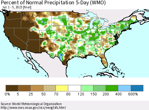 United States Percent of Normal Precipitation 5-Day (WMO) Thematic Map For 7/1/2023 - 7/5/2023