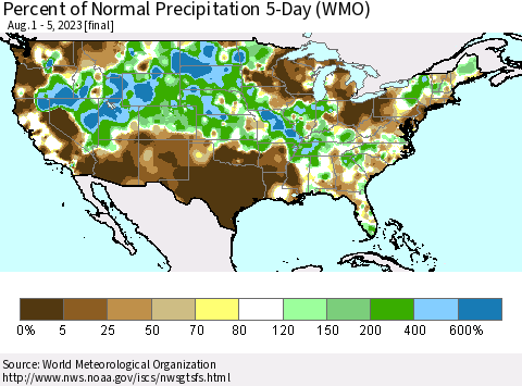 United States Percent of Normal Precipitation 5-Day (WMO) Thematic Map For 8/1/2023 - 8/5/2023