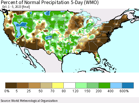 United States Percent of Normal Precipitation 5-Day (WMO) Thematic Map For 10/1/2023 - 10/5/2023